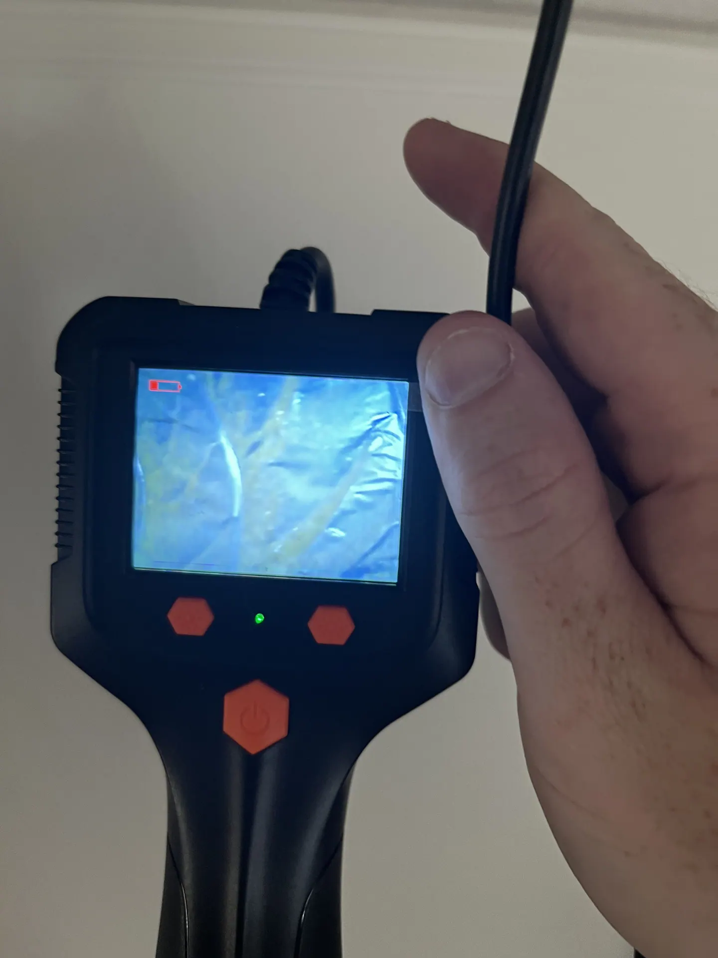Borescope display during inspection through the left playroom supply grill