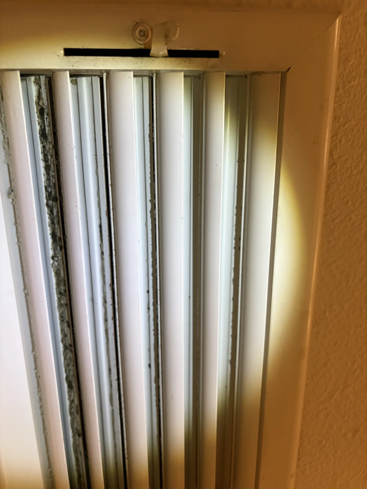 Dark growth visually consistent with condensation-related mold on a bedroom HVAC supply grille in Dallas