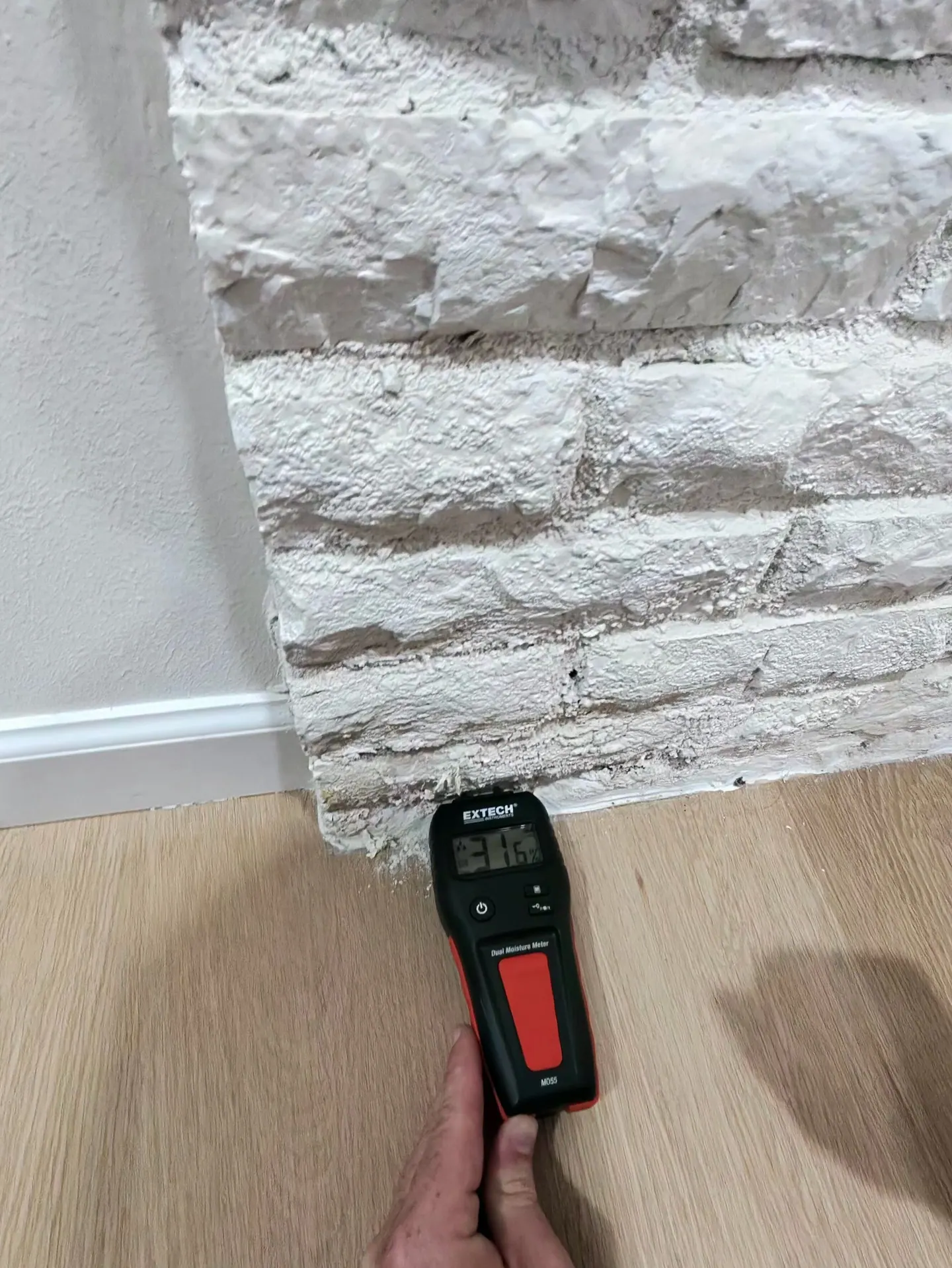 Comparative moisture-meter response of 31.6 at affected mortar near the base of a brick wall
