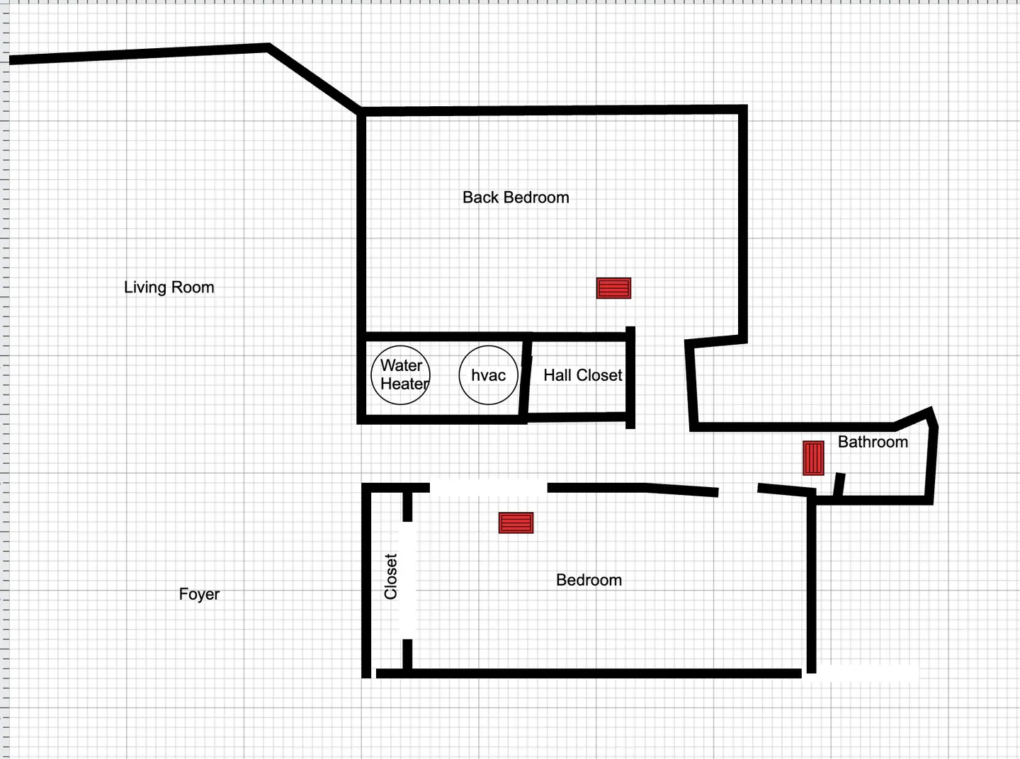 Simplified room layout marking the HVAC closet, hallway, bedrooms, bathroom and supply registers