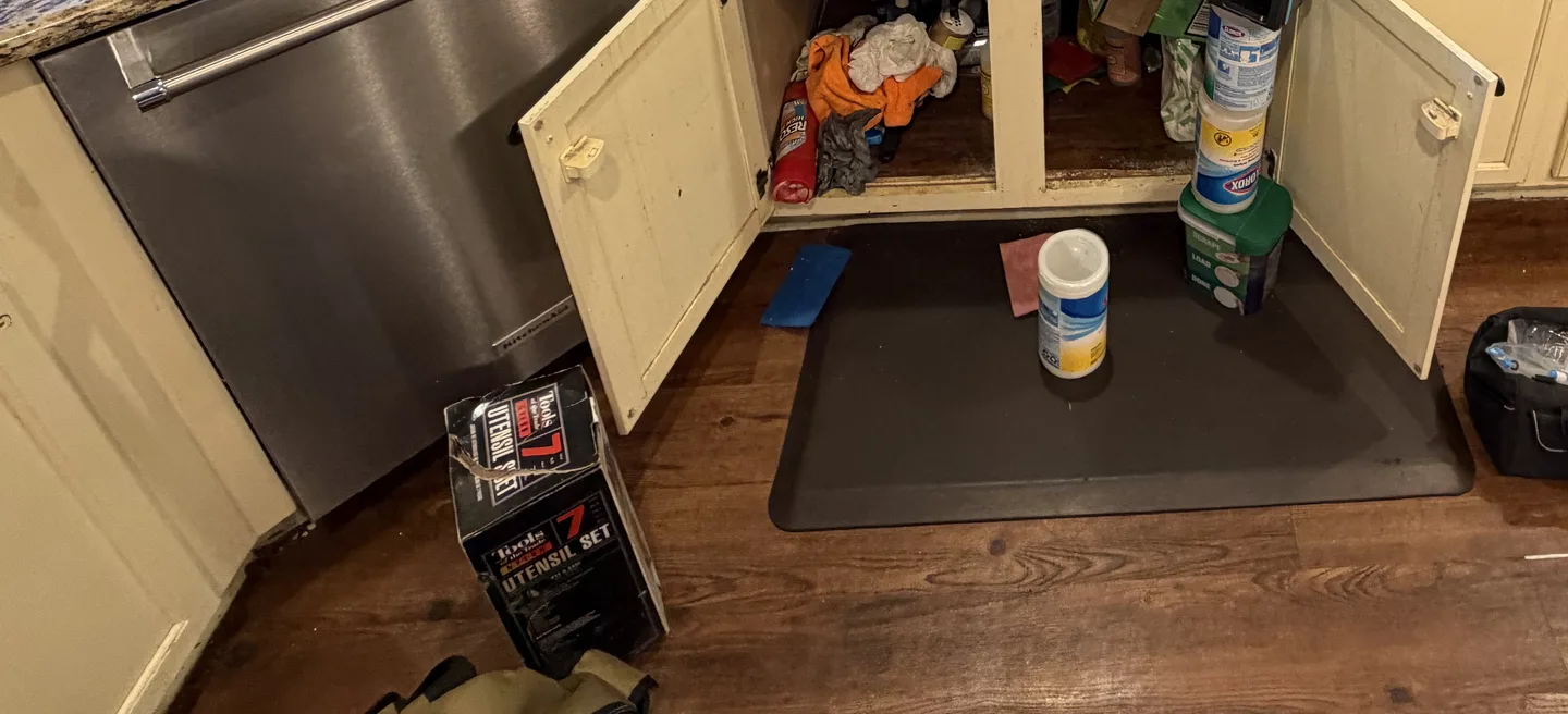 Kitchen sink cabinet and dishwasher evaluated during Frisco mold inspection