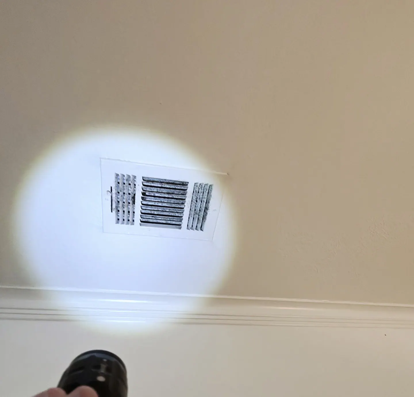 Discoloration on the living-room ceiling HVAC supply grill that was sampled