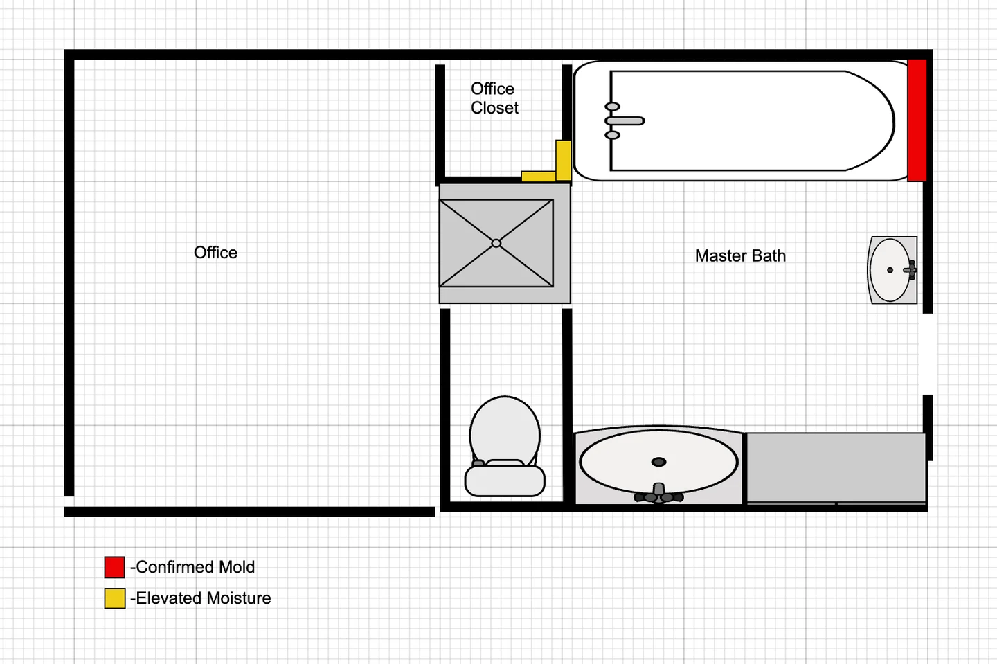 Updated floor plan showing the confirmed under-tub mold location in red and contractor-reported office-closet moisture concern in yellow