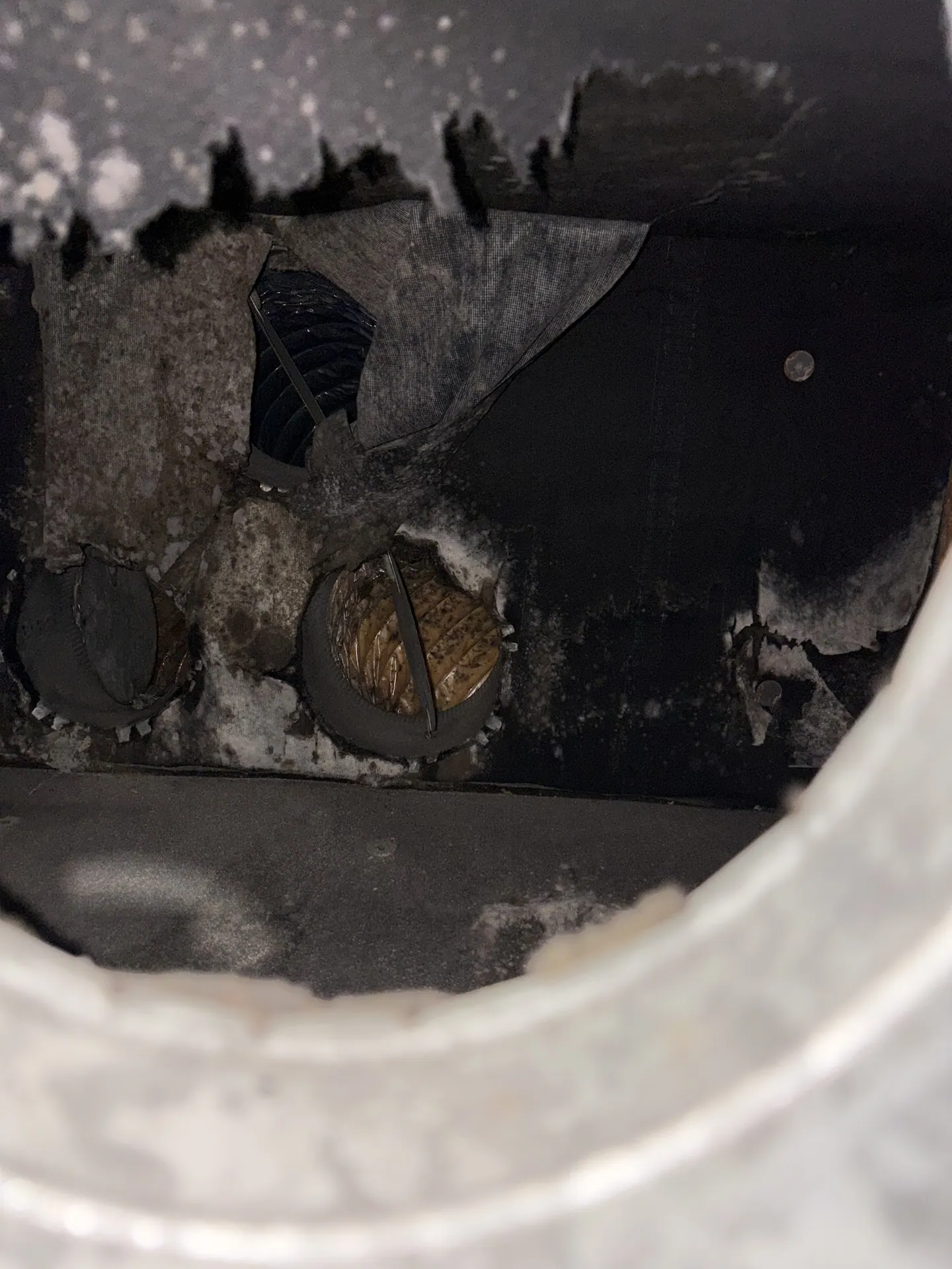 Discolored duct-board liner around flexible duct takeoff collars inside supply plenum