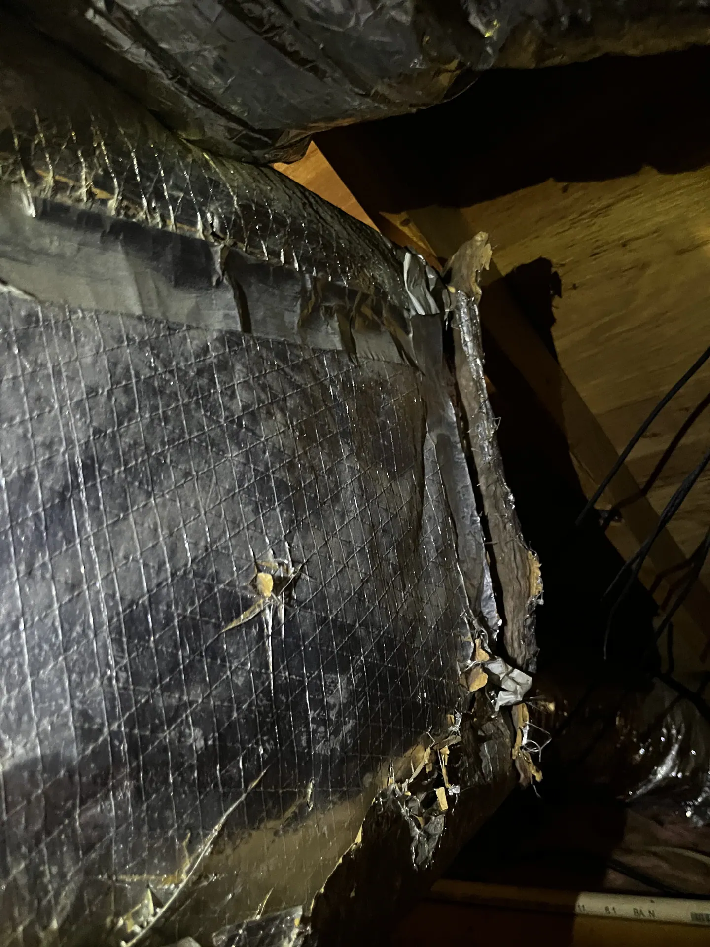 Torn outer jacket and deteriorated insulation elsewhere along the affected flex-duct branch
