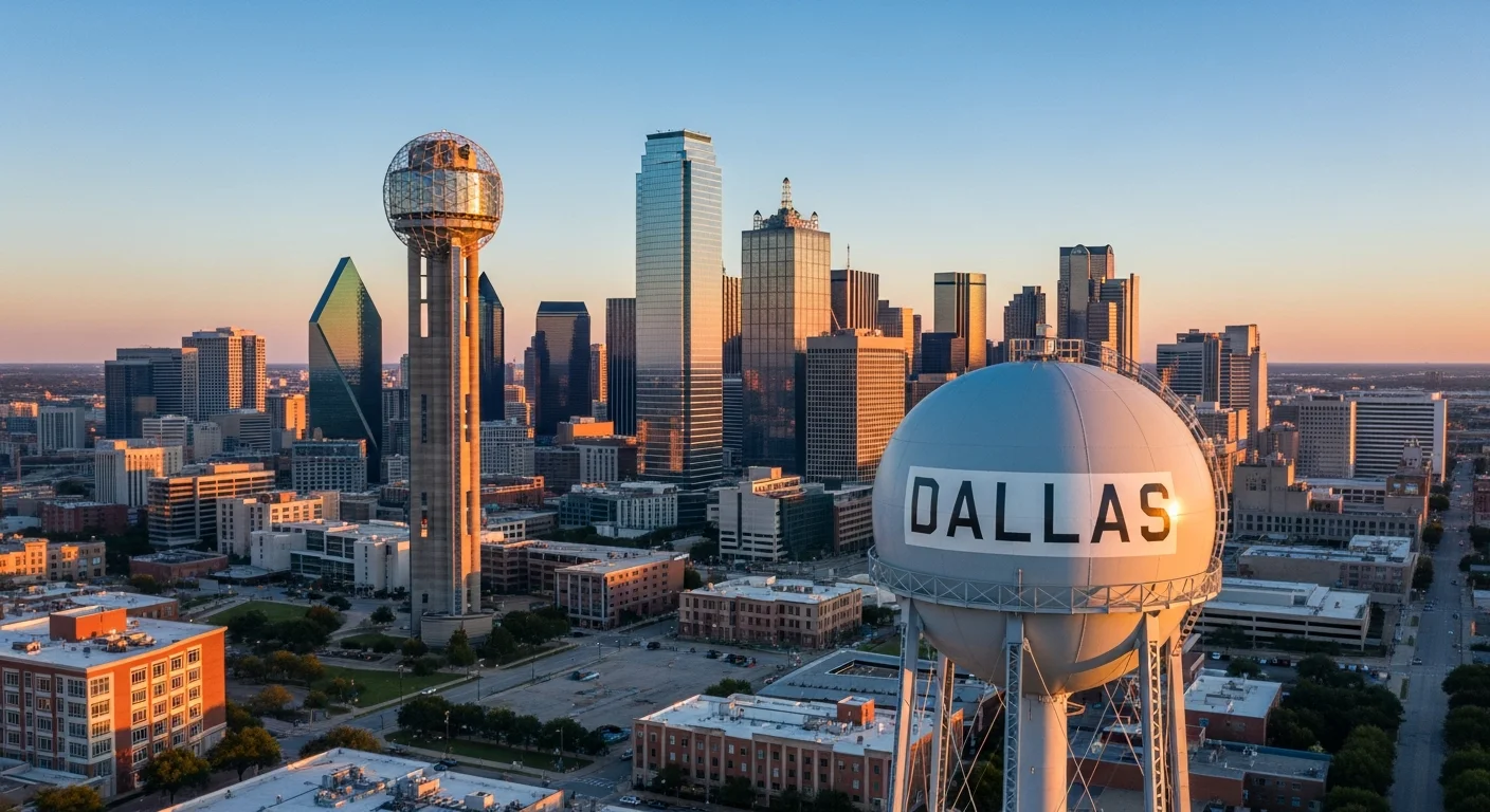 Dallas Texas skyline with Reunion Tower showing the service coverage area for mold testing